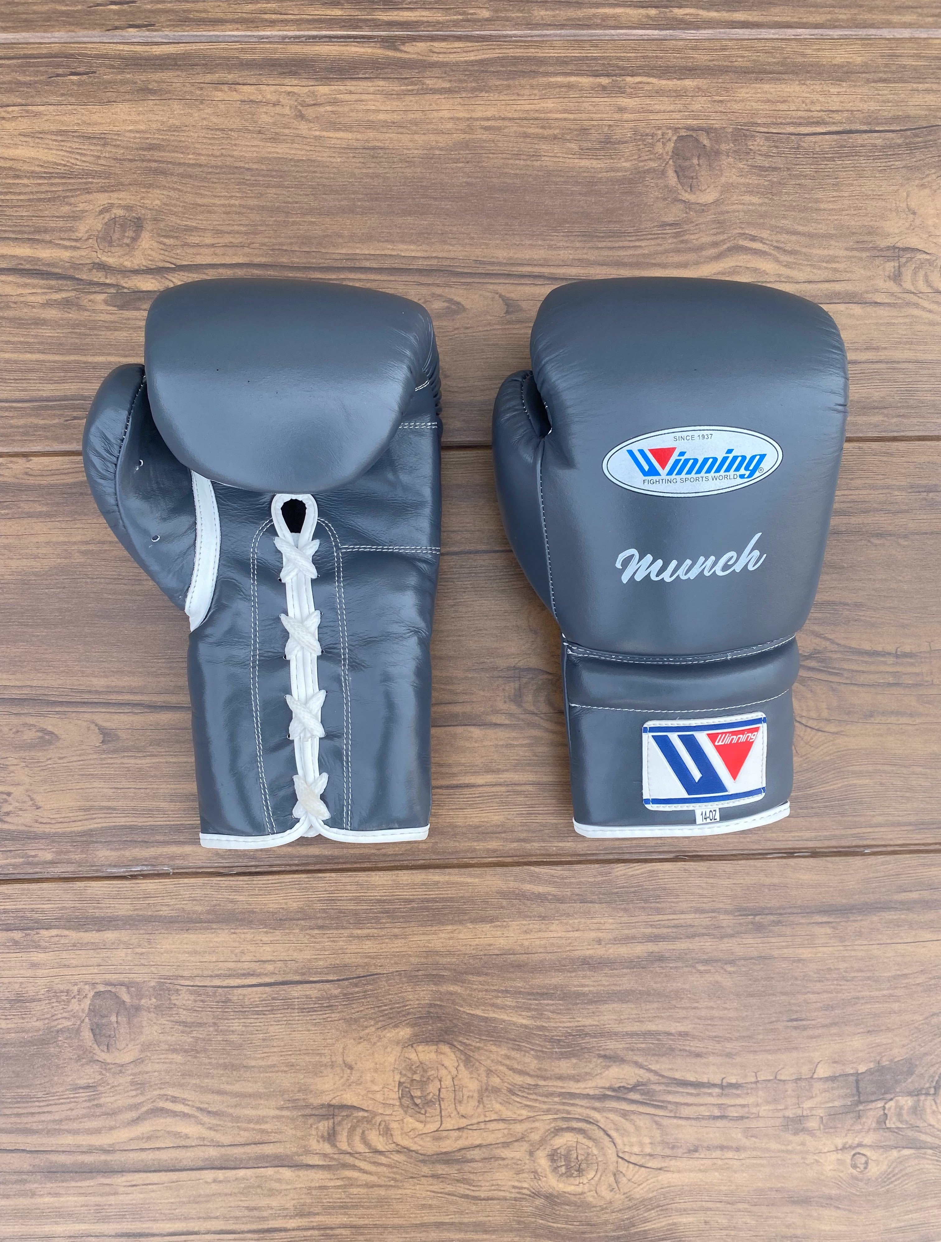 winning boxing gloves grey front and back view professional boxing gear premium quality