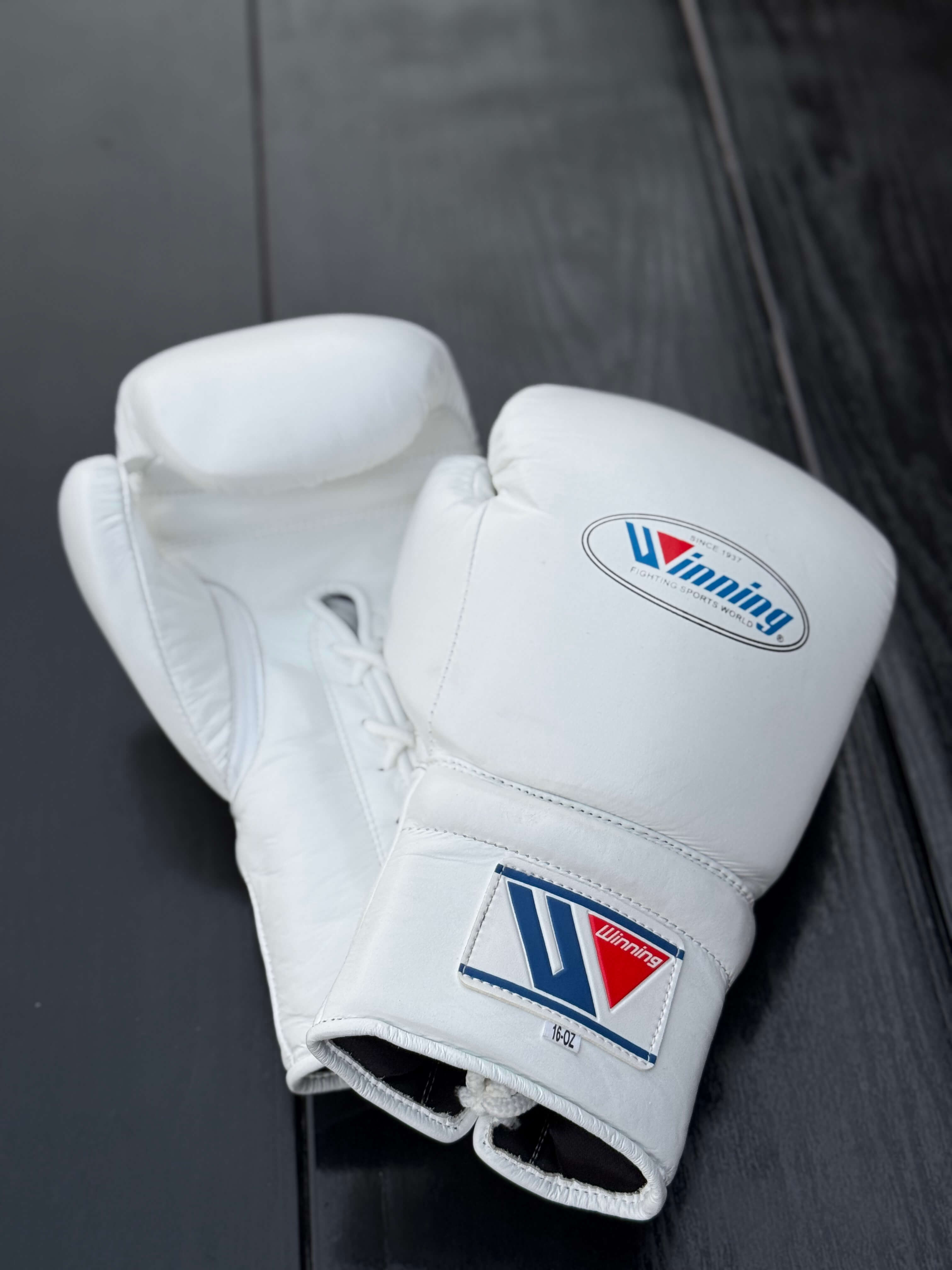 Winning boxing gloves White back front View premium leather professional training gloves