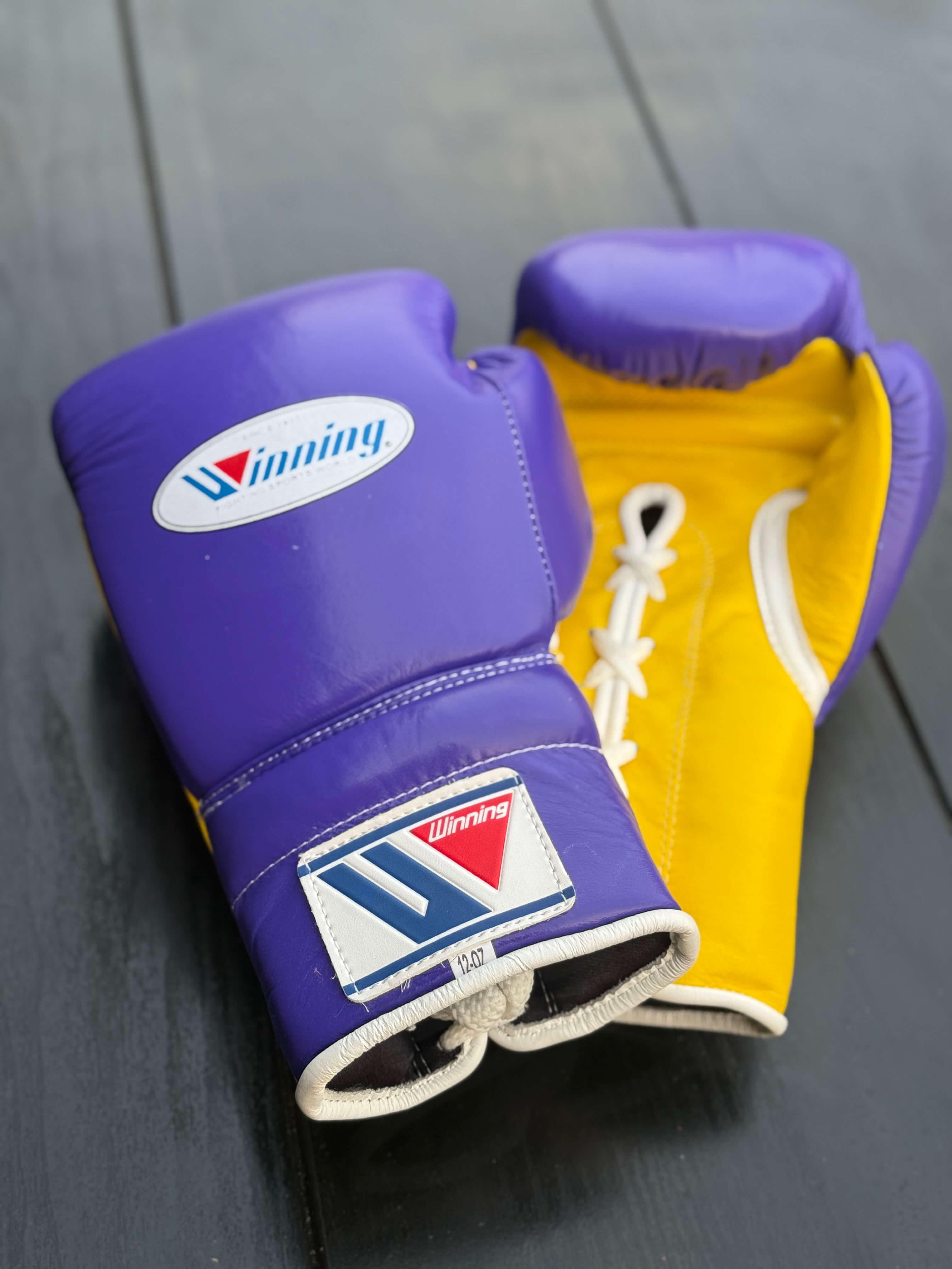 winning boxing gloves purple/yellow back and front view premium leather professional training gloves