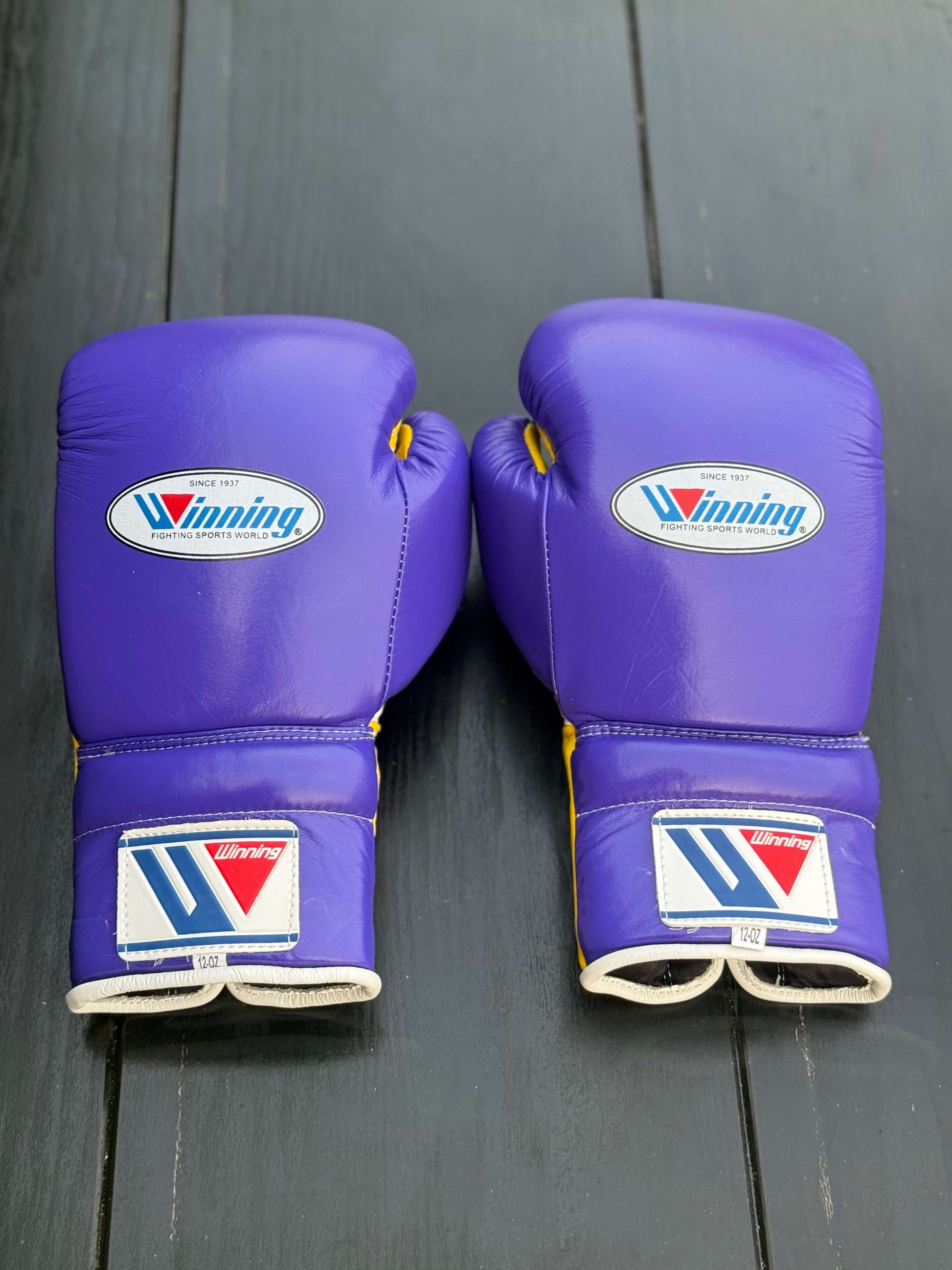 winning boxing gloves purple/yellow back view premium leather professional training gloves