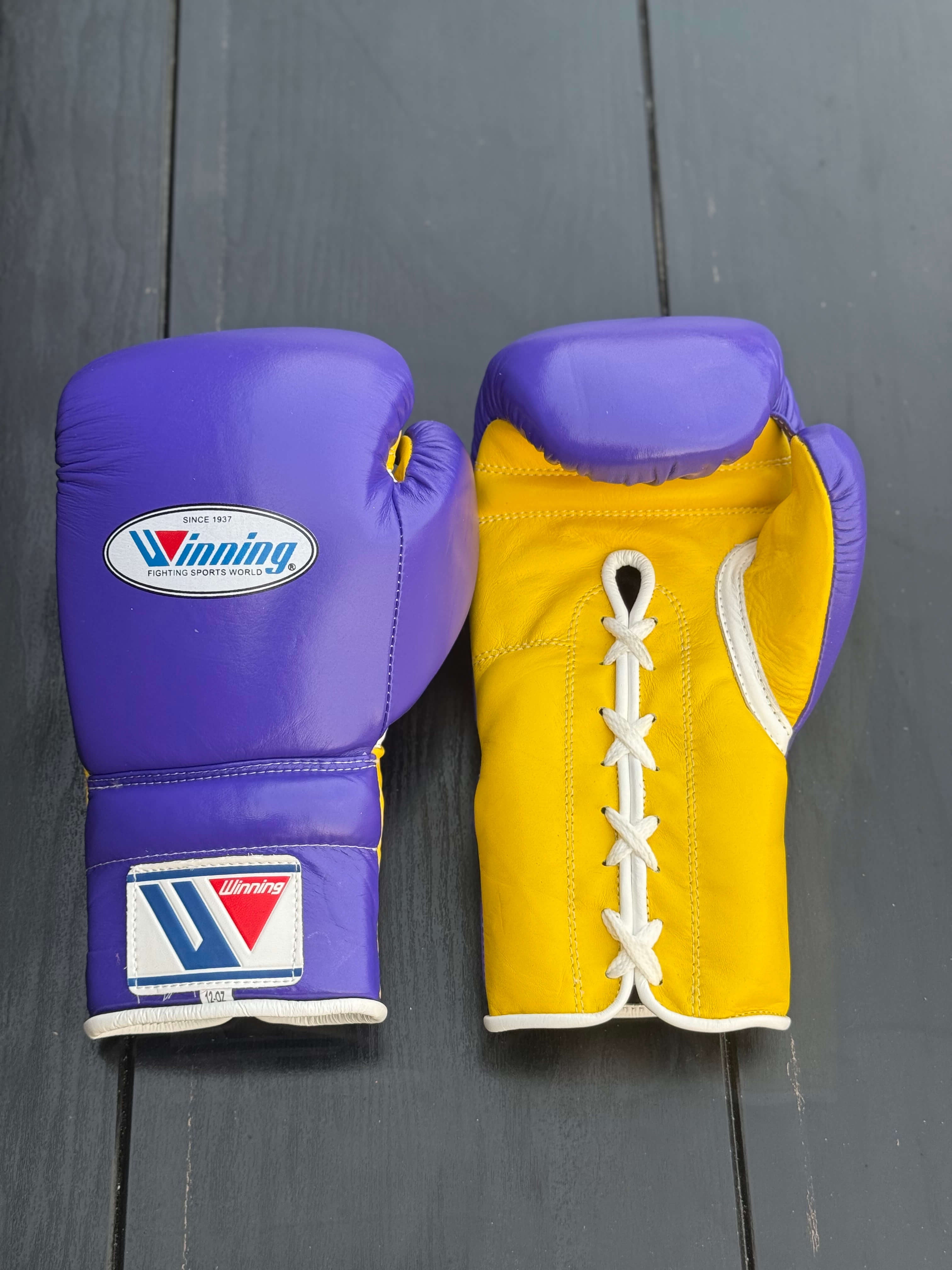 winning boxing gloves purple/yellow back and front view premium leather professional training gloves
