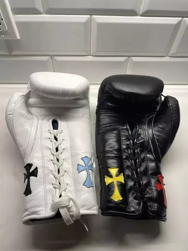 winning boxing gloves white/black chrome heart style front view premium leather fight gear