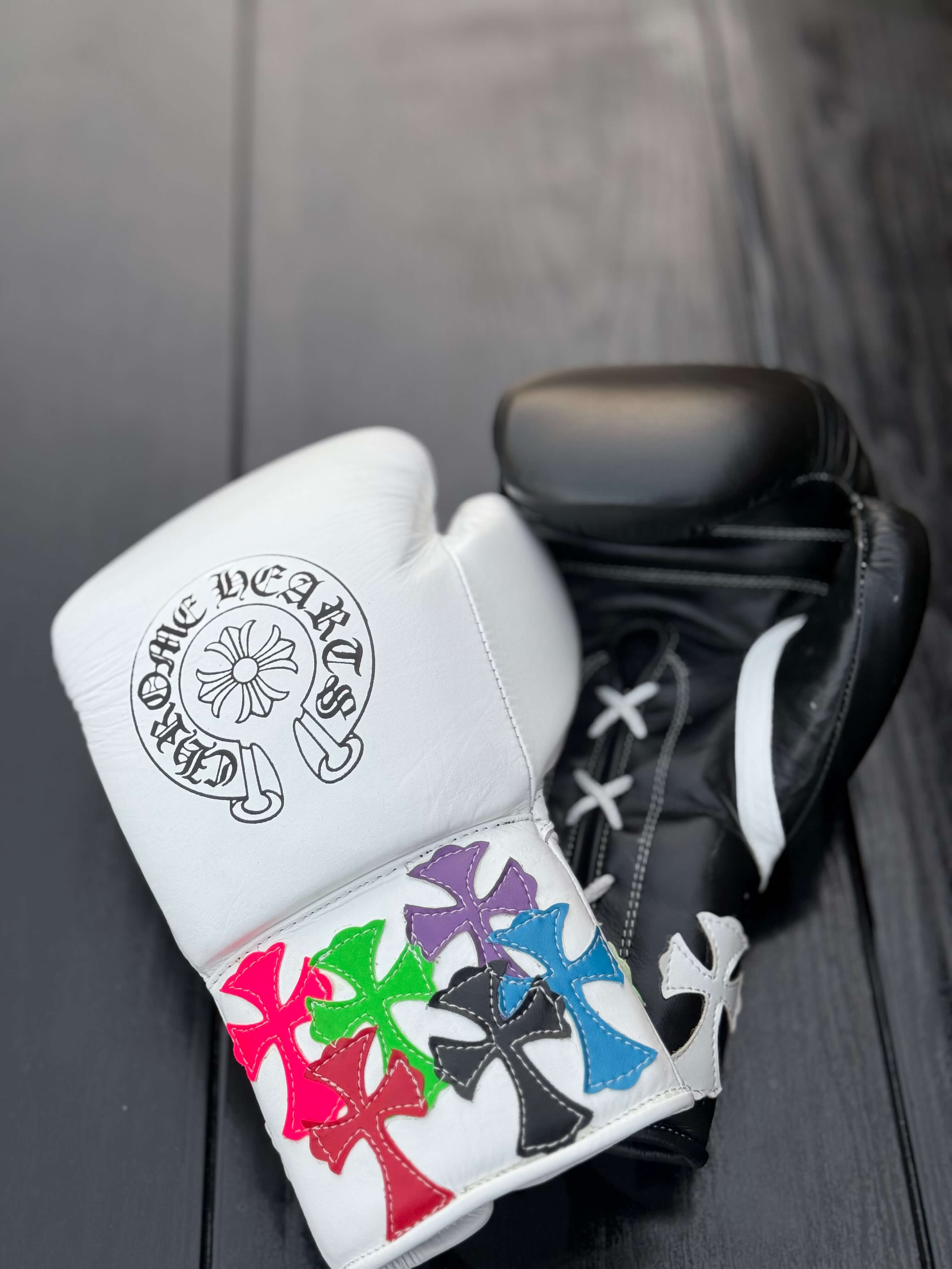 winning boxing gloves white/black chrome heart style right back view premium leather fight gear