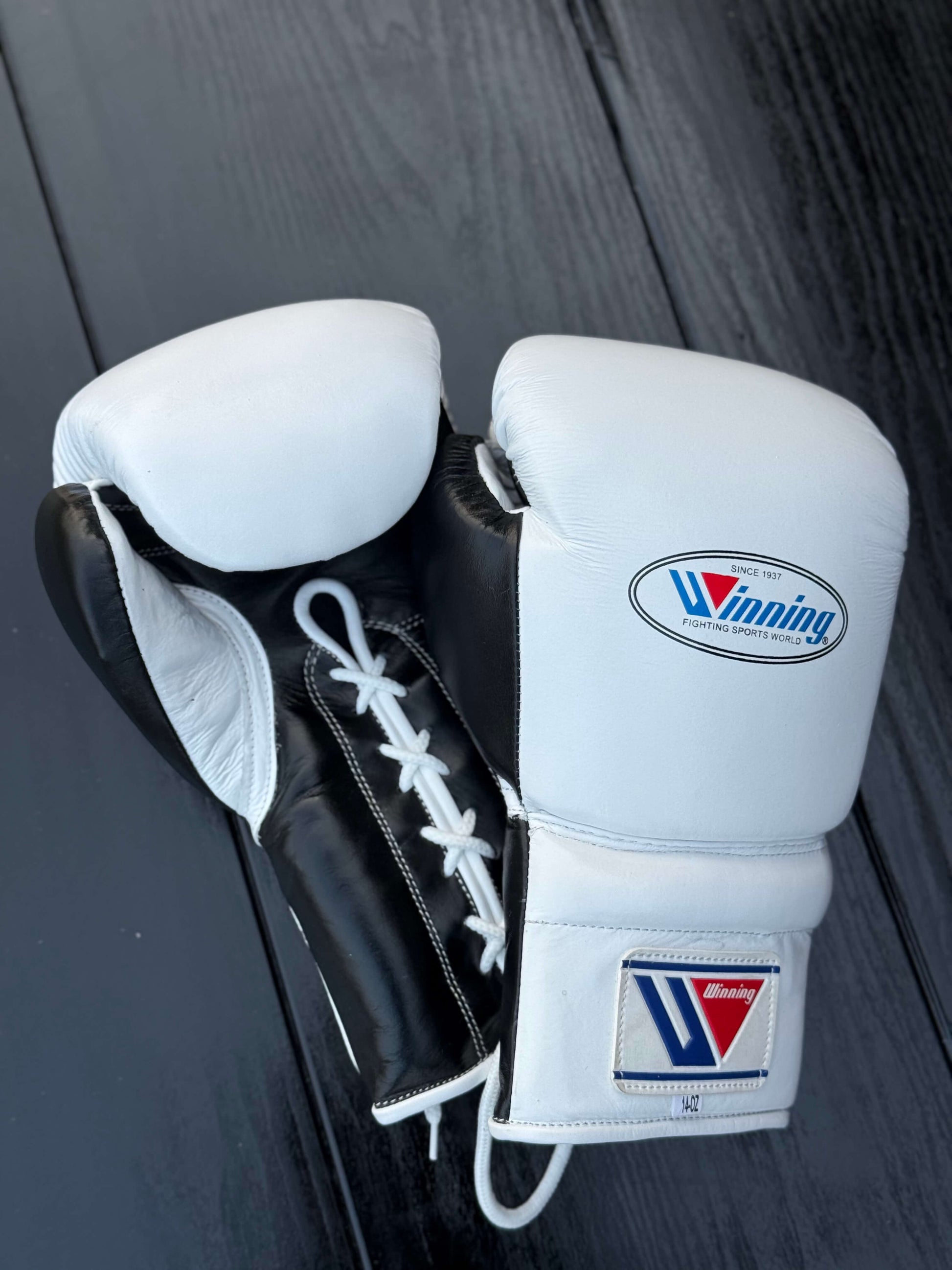 winning  boxing gloves white/black back and front view professional boxing gear premium quality