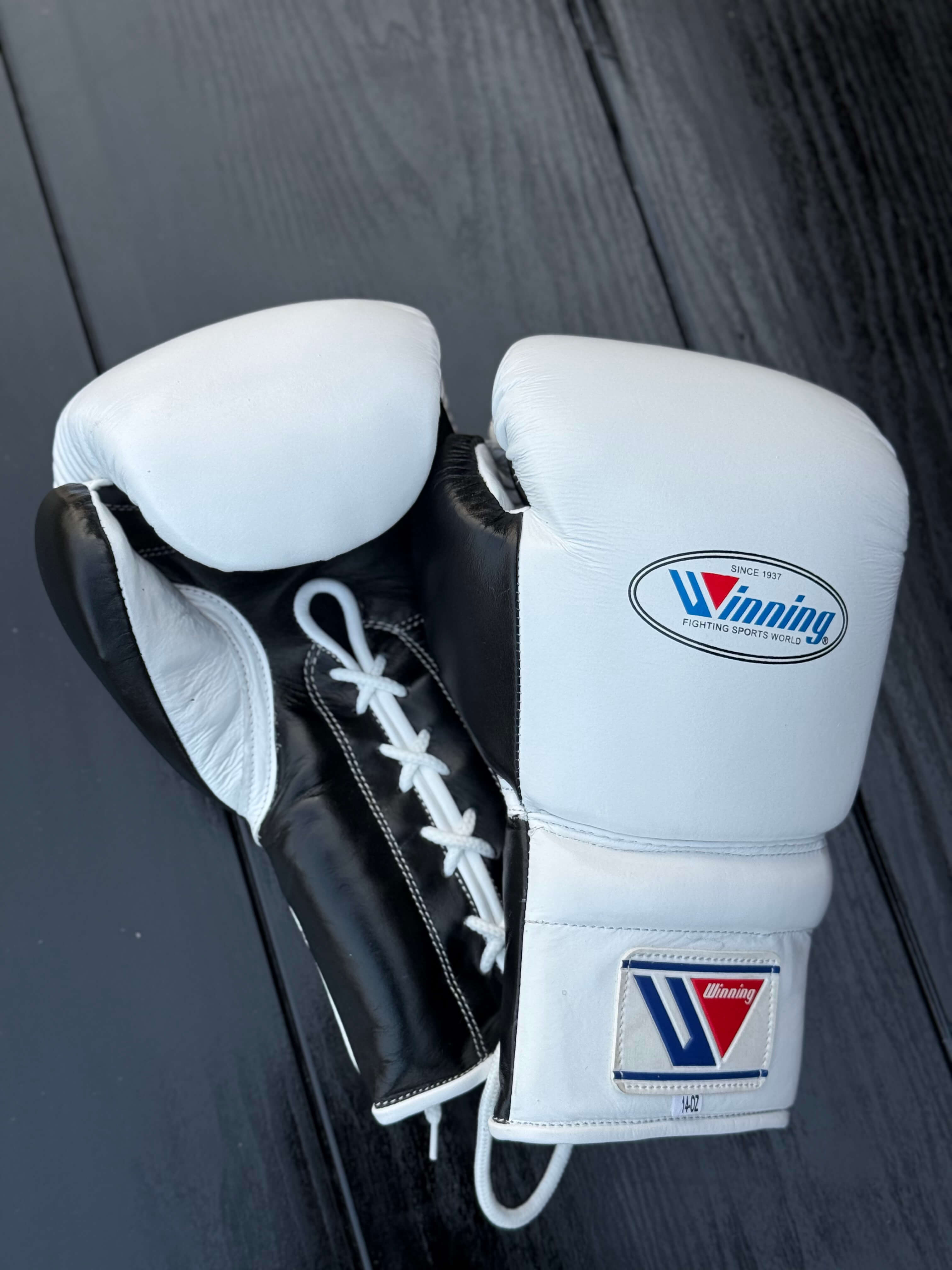 winning  boxing gloves white/black back and front view professional boxing gear premium quality