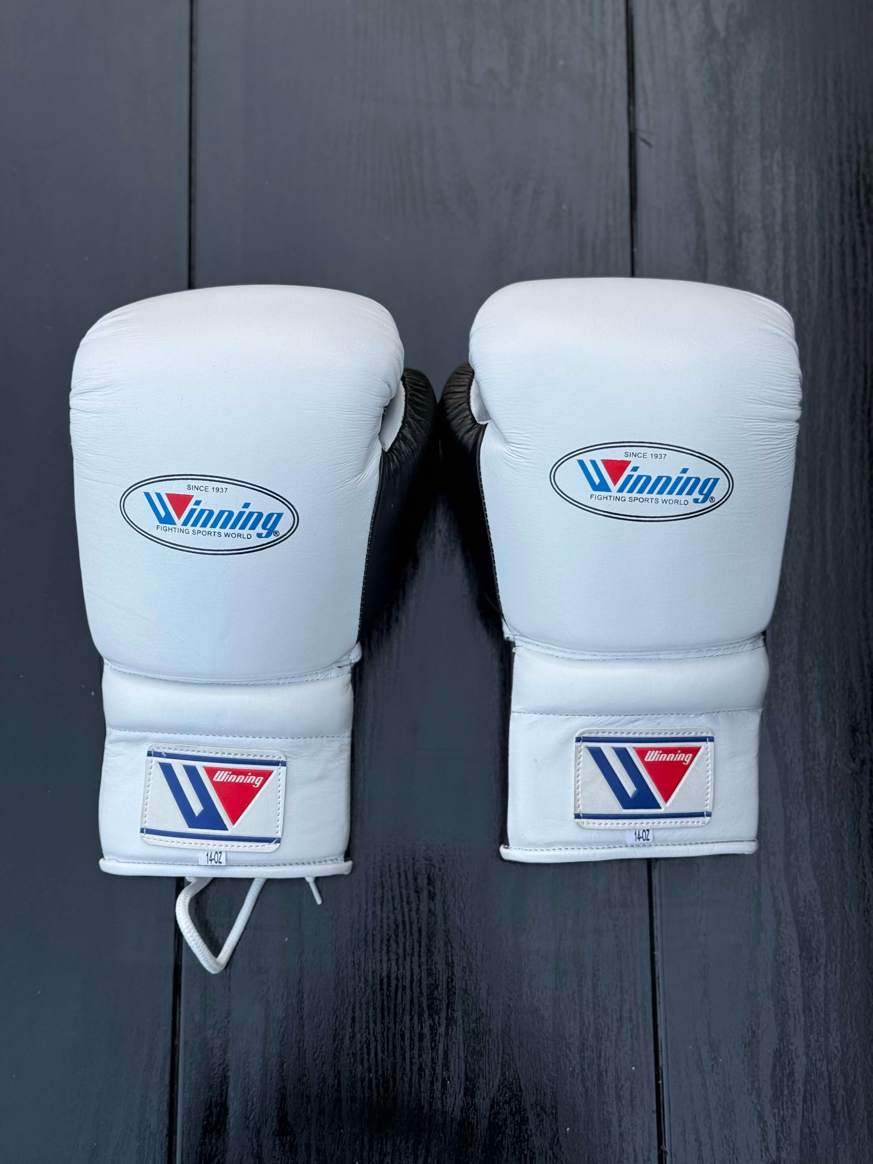 winning  boxing gloves white/black back view professional boxing gear premium quality