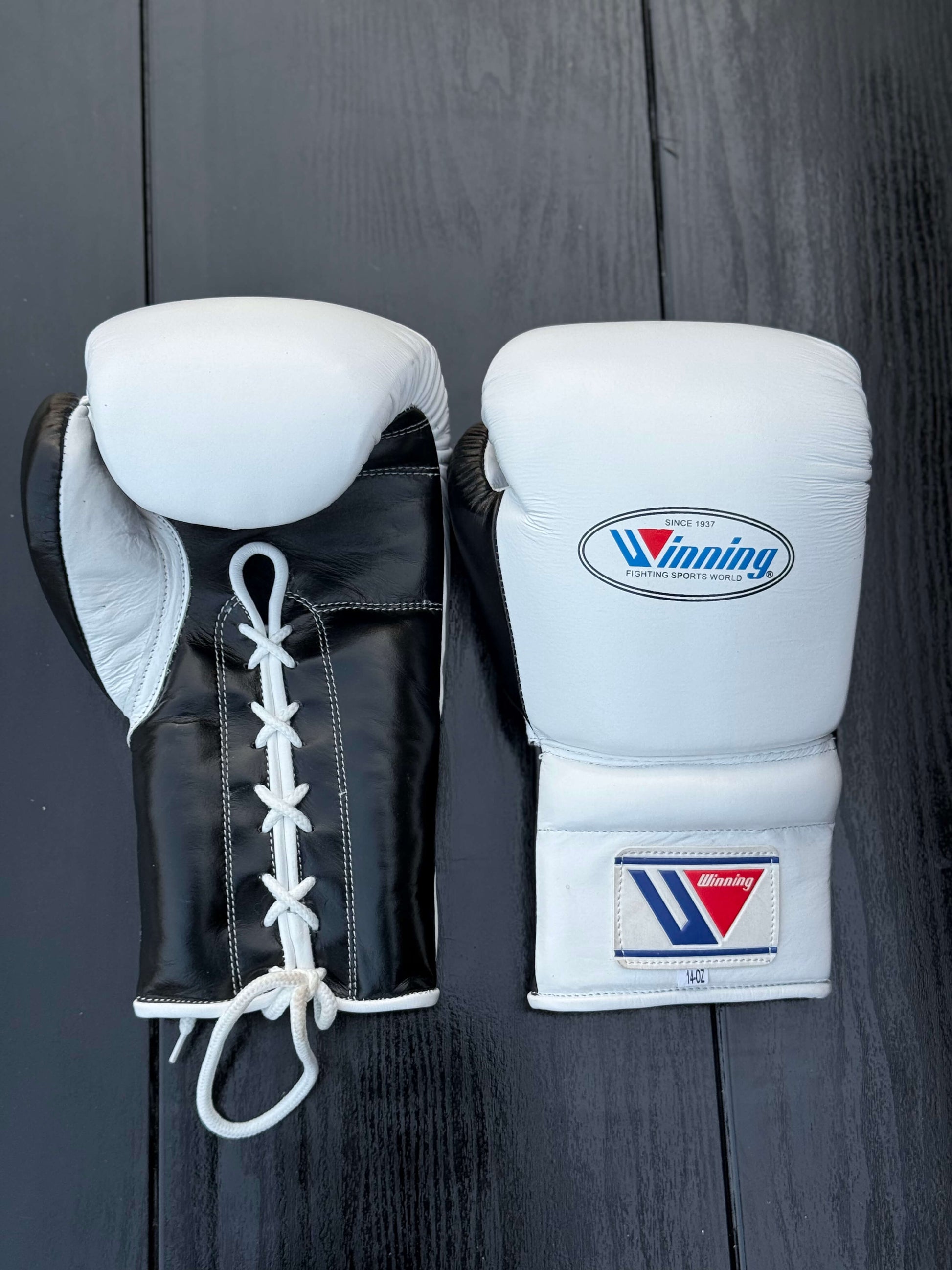winning  boxing gloves white/black front and back view professional boxing gear premium quality