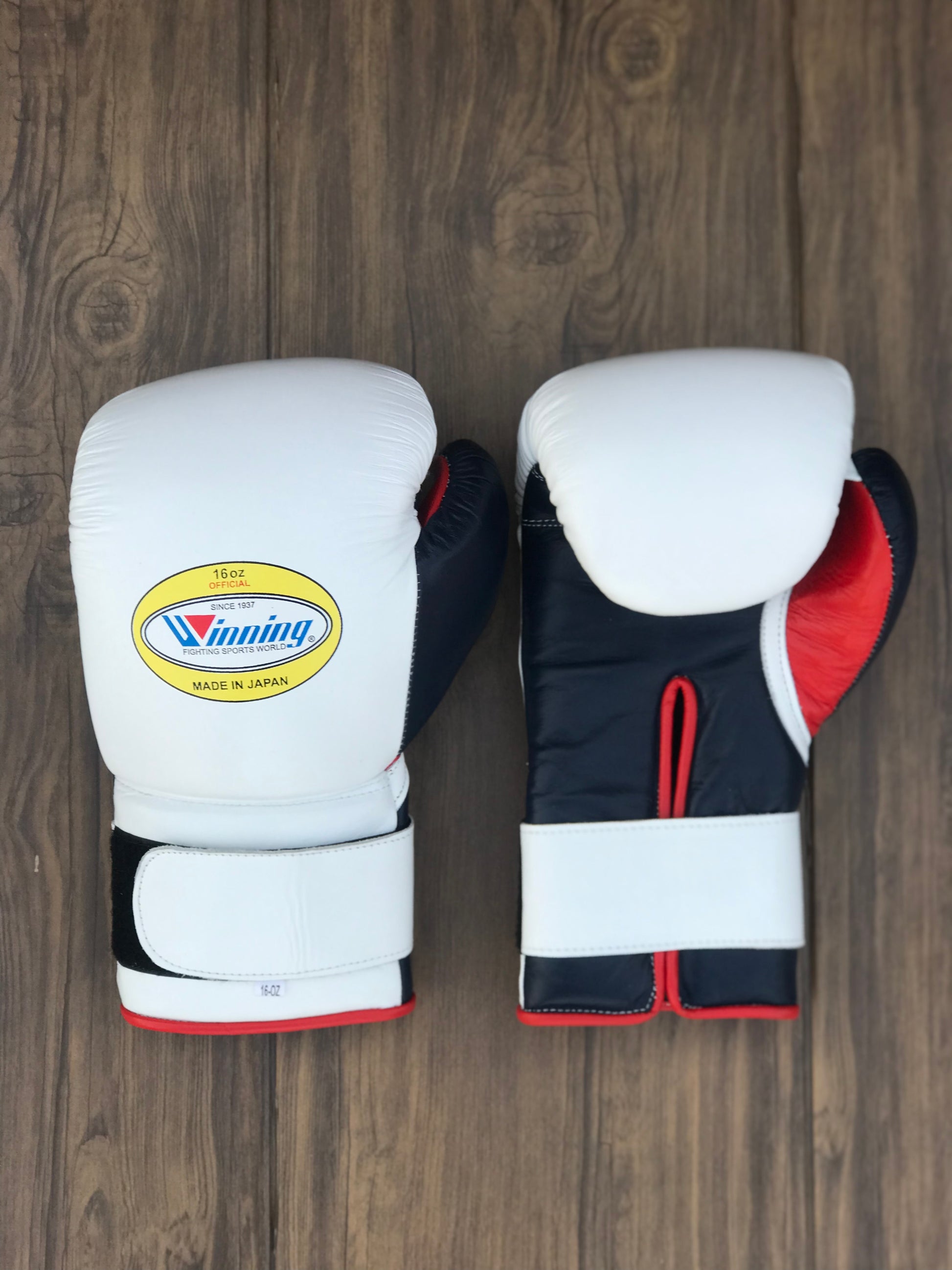 winning White/Black/Red boxing gloves back front view velcro high quality sparring gloves