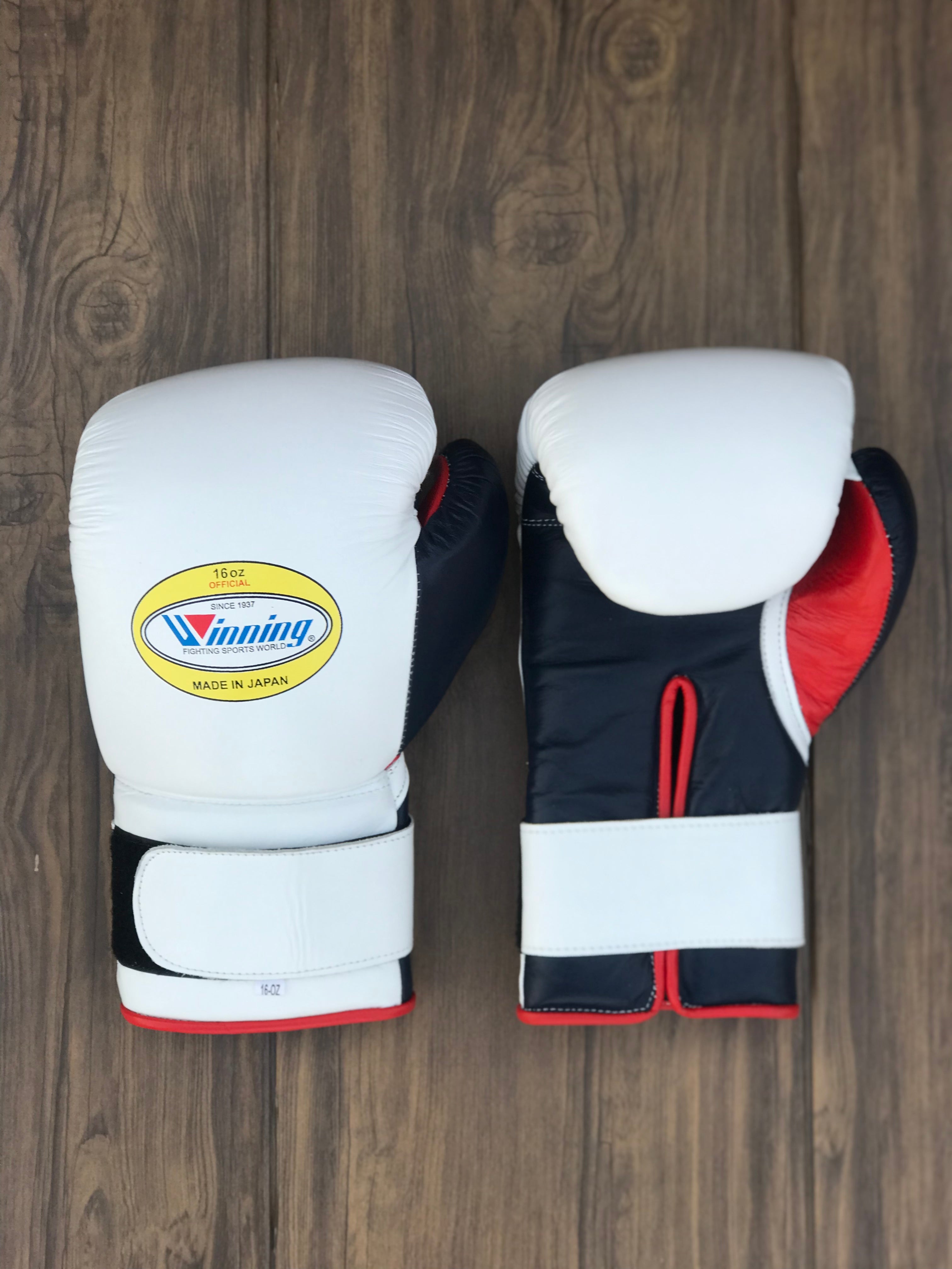winning White/Black/Red boxing gloves back front view velcro high quality sparring gloves