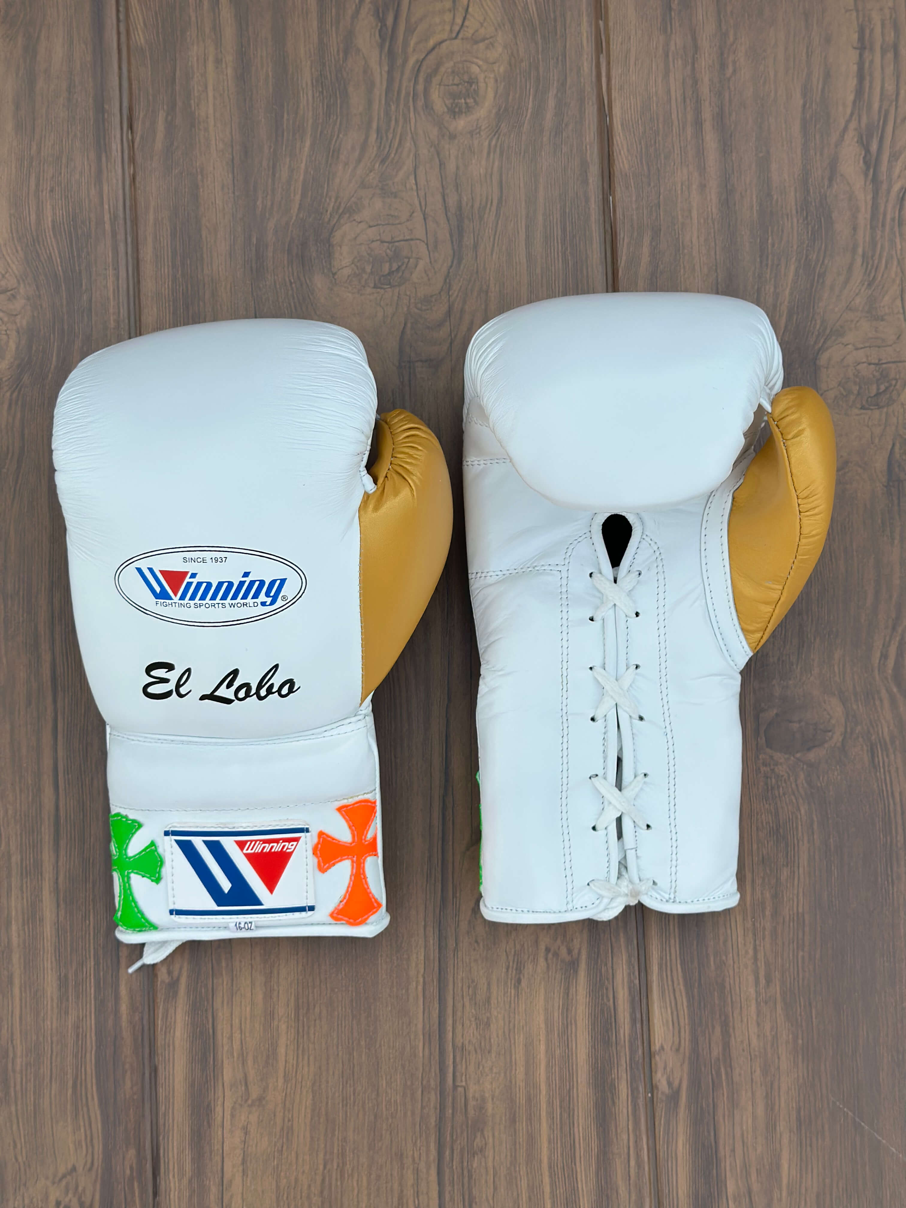 Winning White/Gold Chrome Heart Style boxing gloves back front thumb view premium fight gloves for athletes