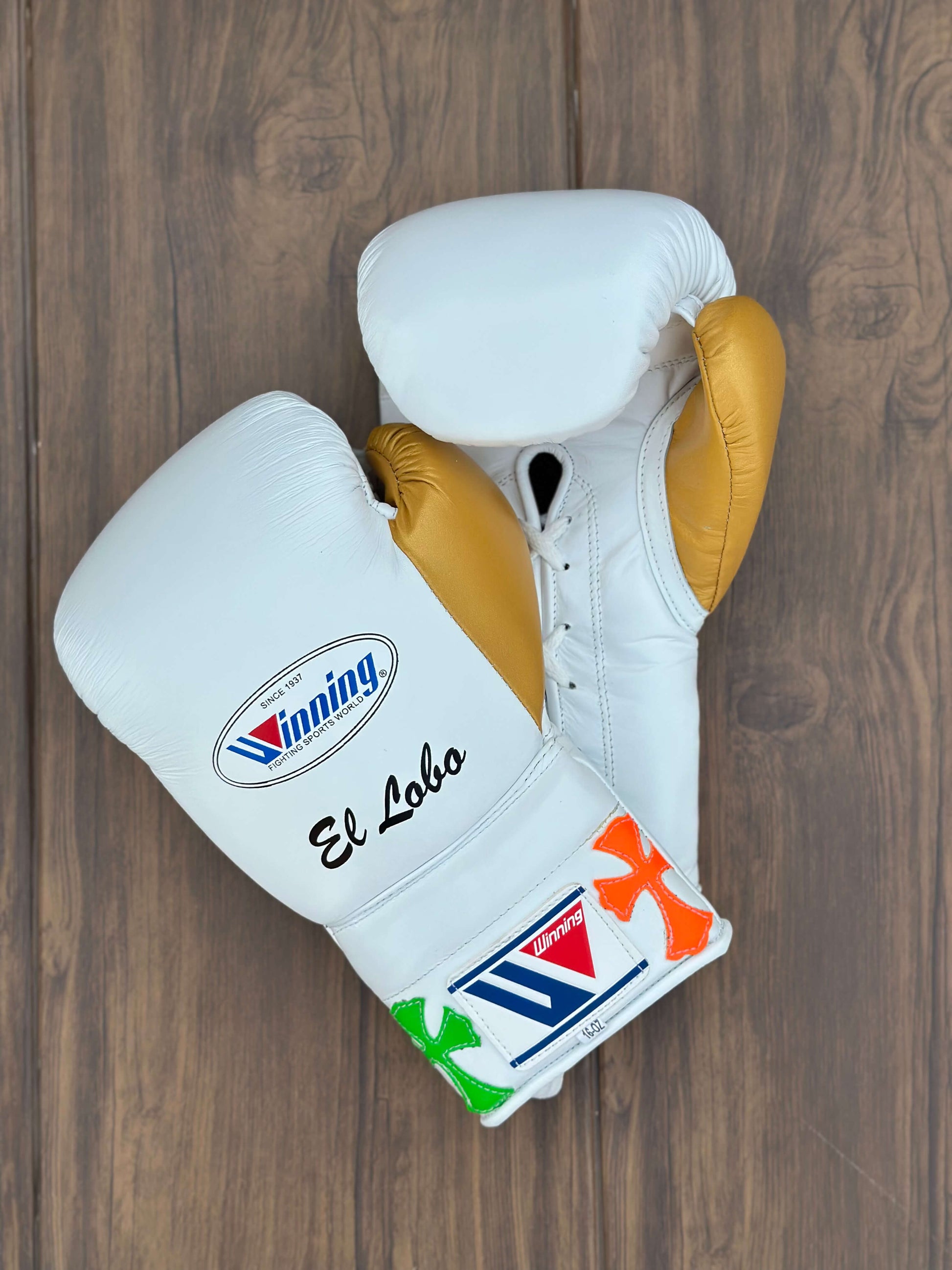 Winning White/Gold Chrome Heart Style boxing gloves back front view premium fight gloves for athletes