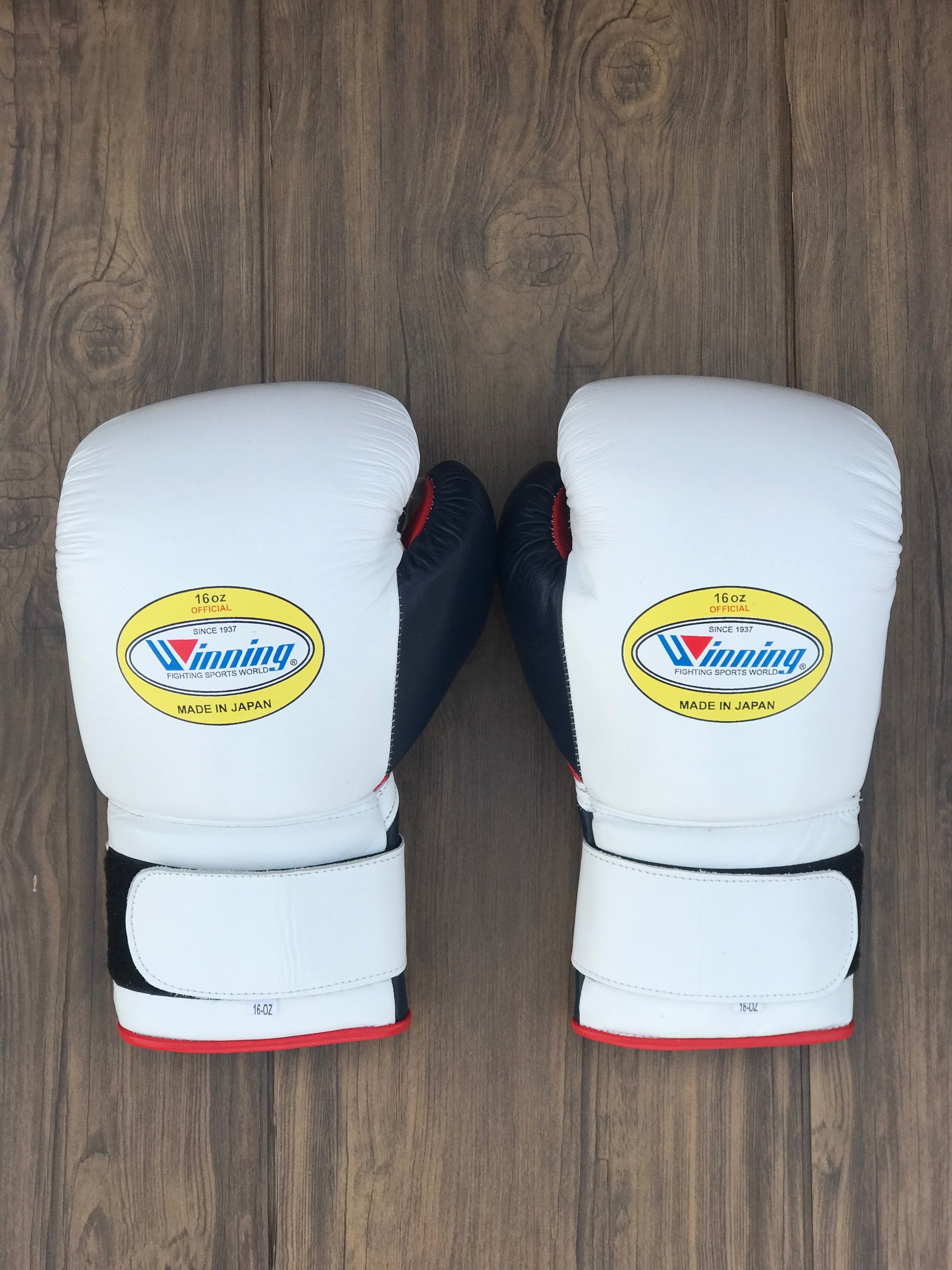 winning White/Black/Red boxing gloves back view velcro high quality sparring gloves