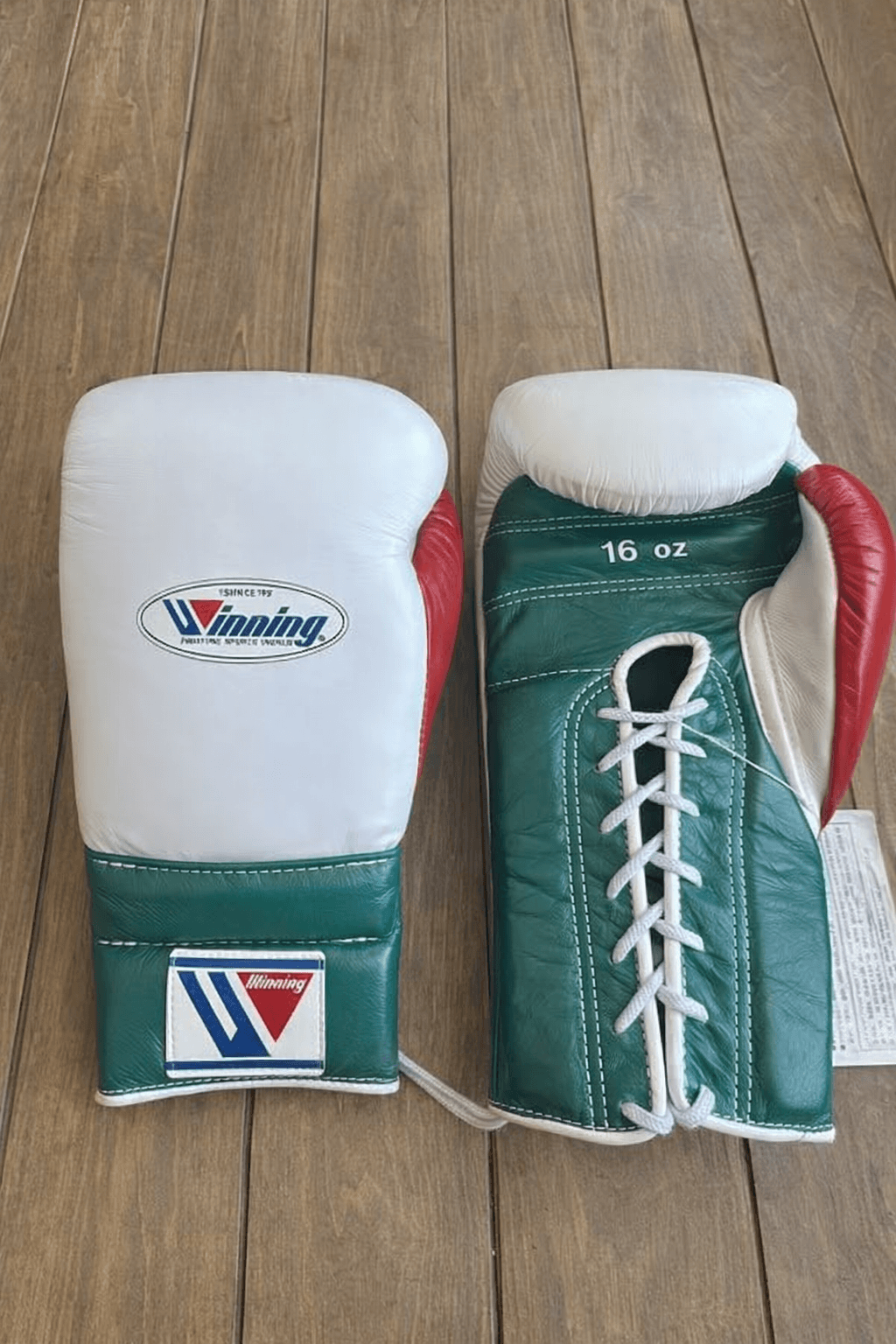 Winning White/Green/Red Leather Boxing Gloves Custom Fit Training