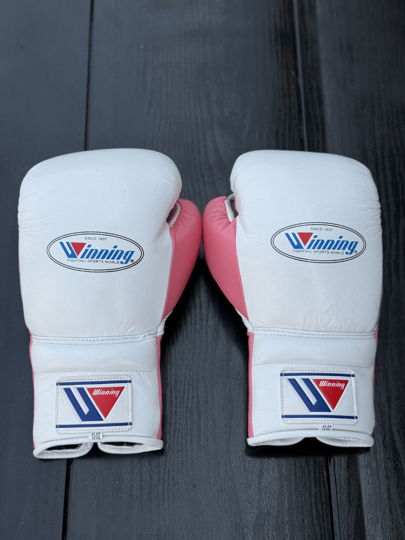 winning boxing gloves white/pink back view premium fight gloves for athletes