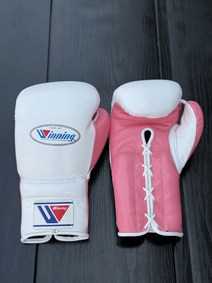 winning boxing gloves white/pink front and back view premium fight gloves for athletes