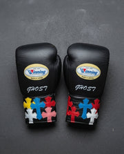 Winning Boxing Gloves Black Chrome Heart Style Leather Training Gloves for Heavy Training
