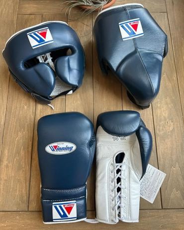 Winning Blue/White Premium Boxing Gloves Set ,Gloves & Headgear Set