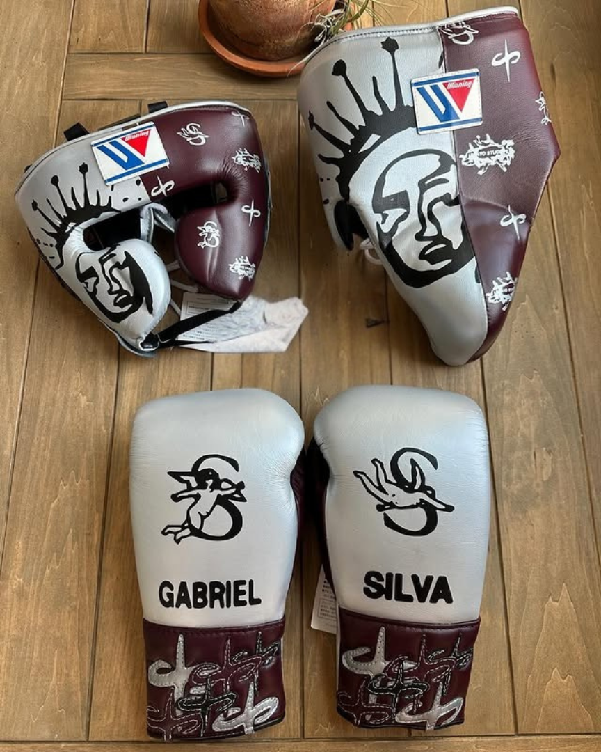 Affordable Winning Boxing Gloves Set Silver/Brown 14oz Training Bundle