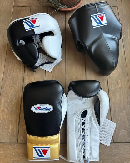 Winning White/Black  Boxing Gloves Set, Custom Logo, Head & Groin Protector