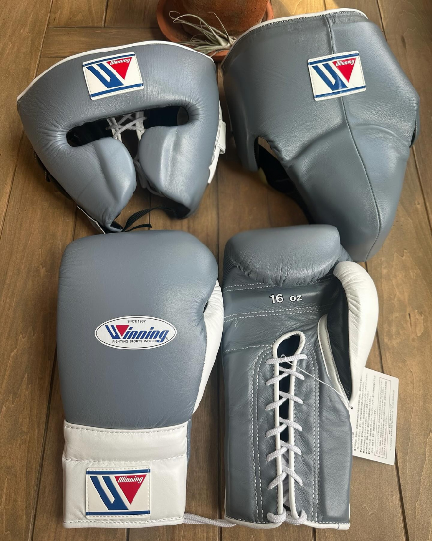 Affordable Winning Full Gloves Set Grey/White with Headguard