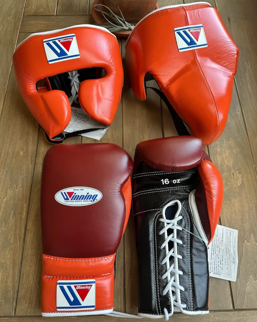 Affordable Winning Full Gloves Set Orange/Brown/Black with Headguard