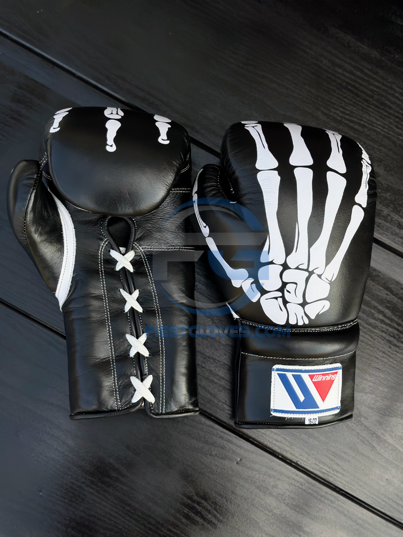 Winning Black/White Skeleton Style Lace-Up Boxing Gloves Front View