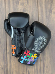 winning boxing gloves black/multi chrome heart style high quality lace up boxing gloves