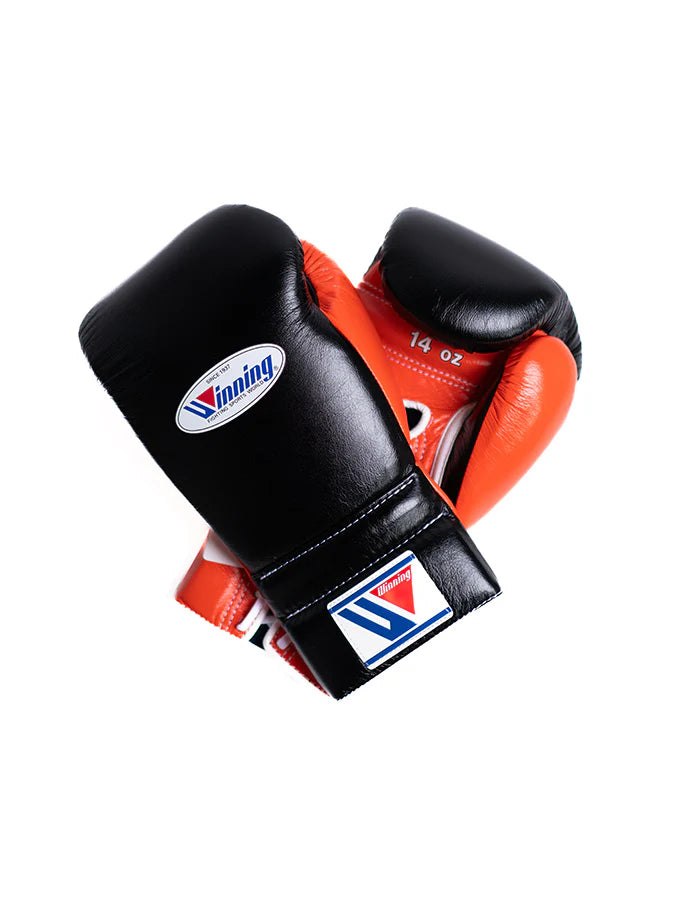Winning Black/Orange Lace-Up Boxing Gloves Close Up