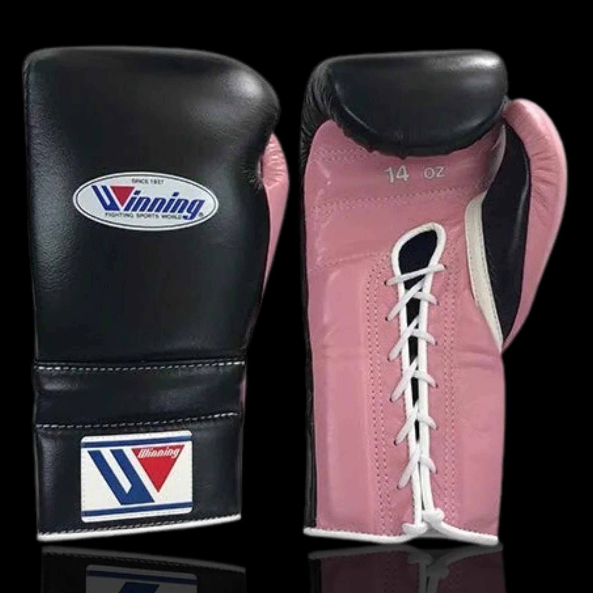Winning Black/Pink Lace-Up Boxing Gloves Classic Training Gloves Close View