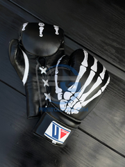 Winning Black/White Skeleton Style Lace-Up Boxing Gloves Close Up Detail