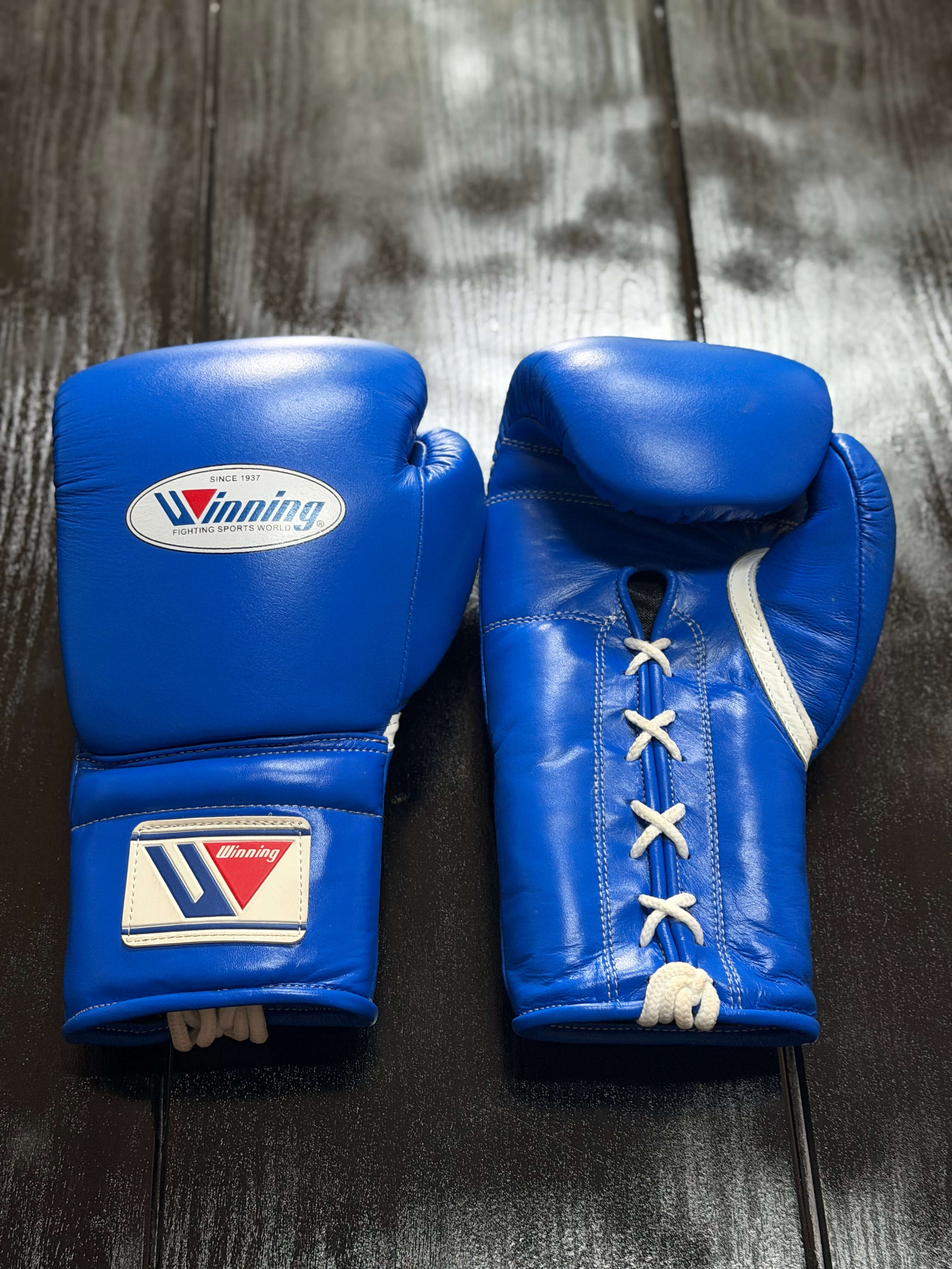 Winning Boxing Gloves Blue Leather Training Gloves Front View