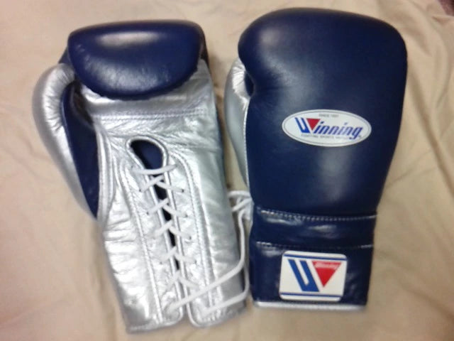 Winning Boxing Gloves Dark-Blue/Silver 14oz Leather Training Gloves Lace Up