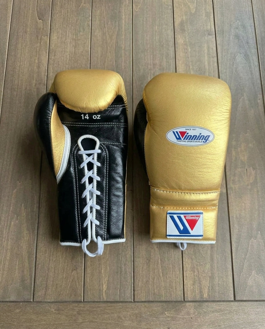 Winning Boxing Gloves Gold/Black Curved Leather Gloves for Combat Training
