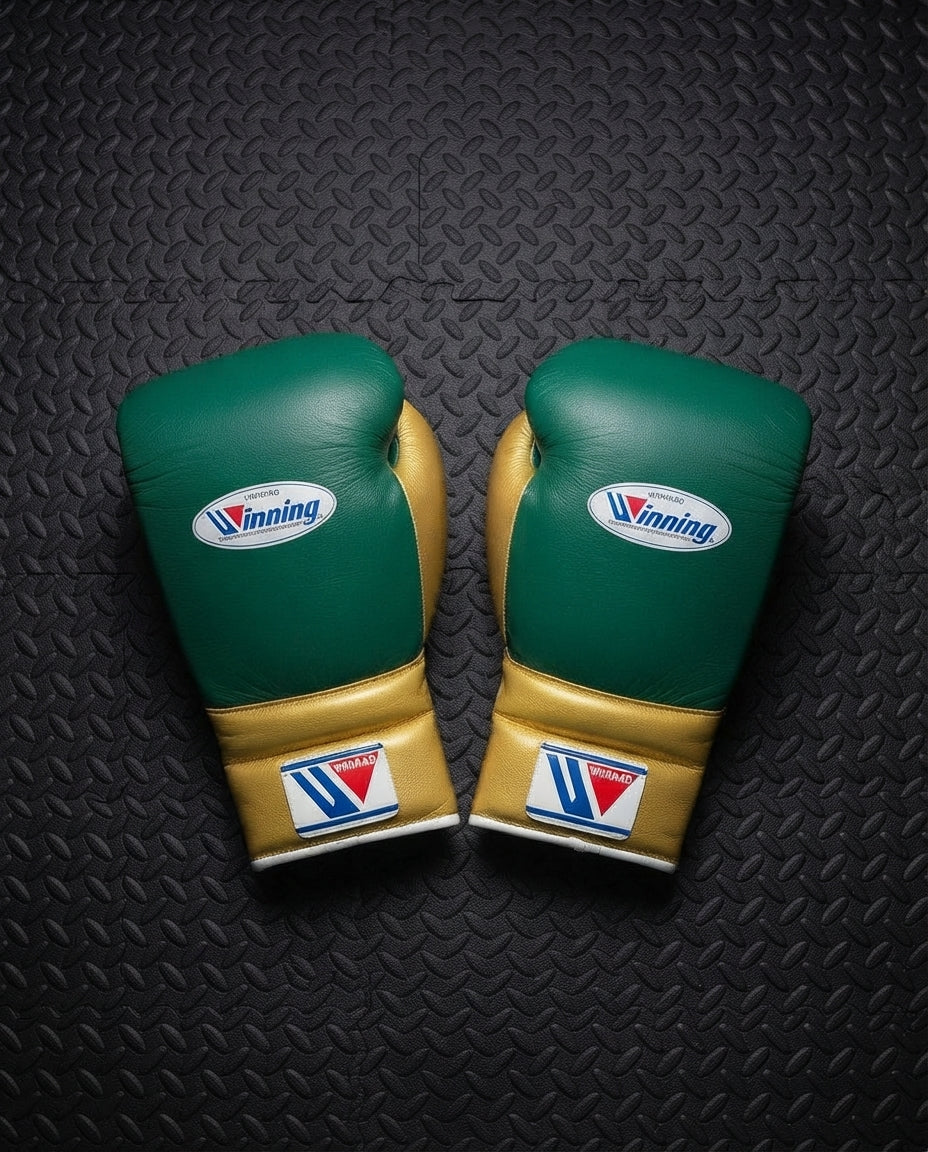 Winning Boxing Gloves Green/Gold Leather Gloves for Fighting Practice