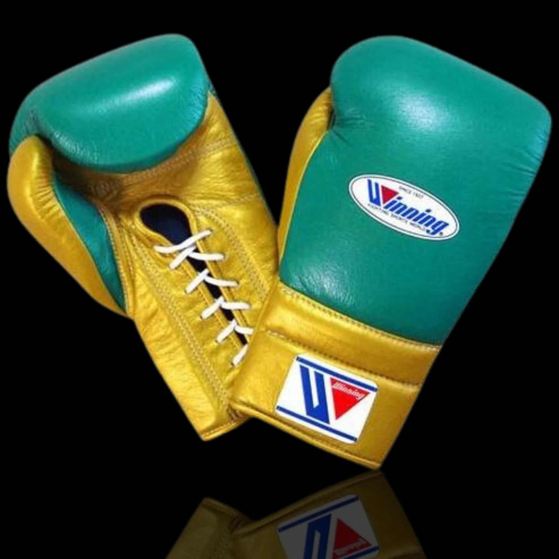 Winning Boxing Gloves Green/Gold 14oz Leather Training Gloves Lace-Up