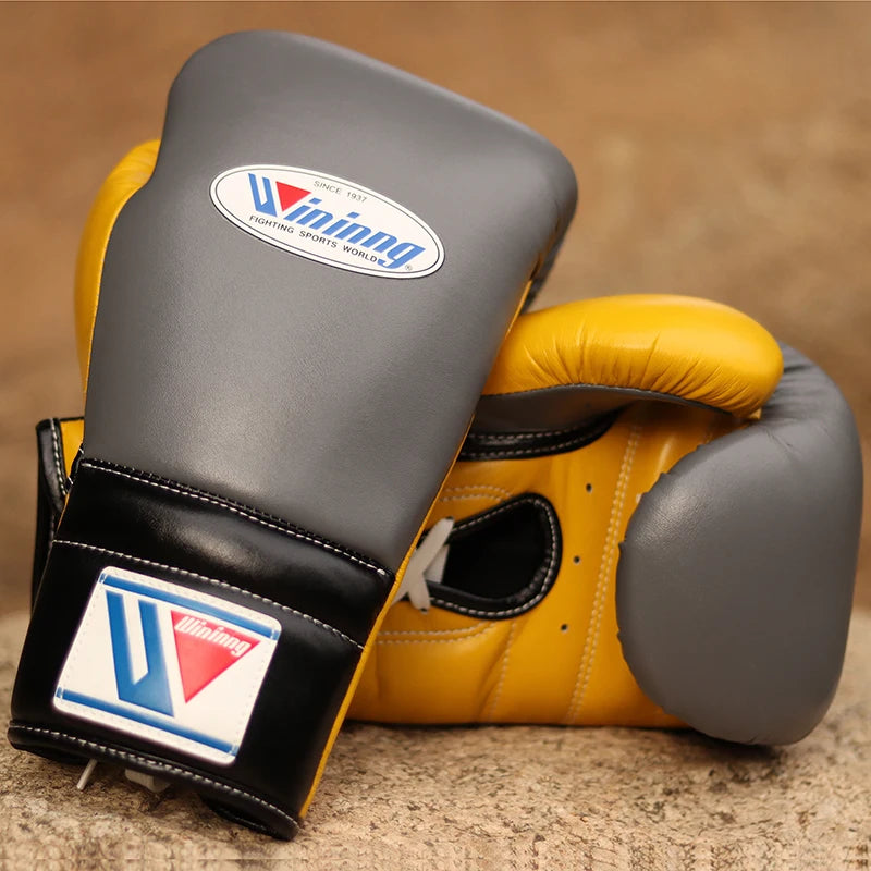 Winning Boxing Gloves Grey/Black/Yellow 14oz Leather Training Gloves Back View