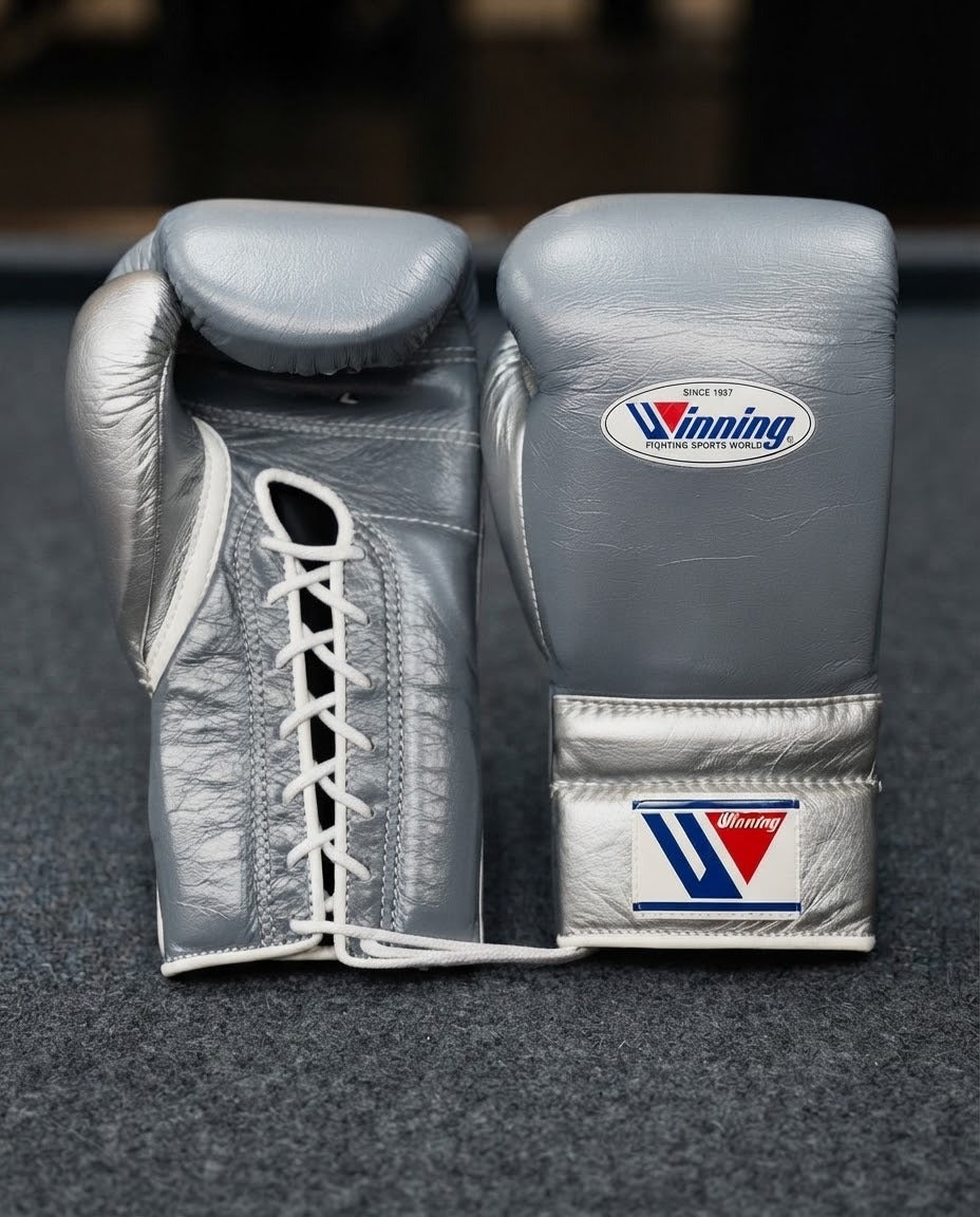 Winning Boxing Gloves Grey/Silver Padded Leather Gloves for Muay Thai
