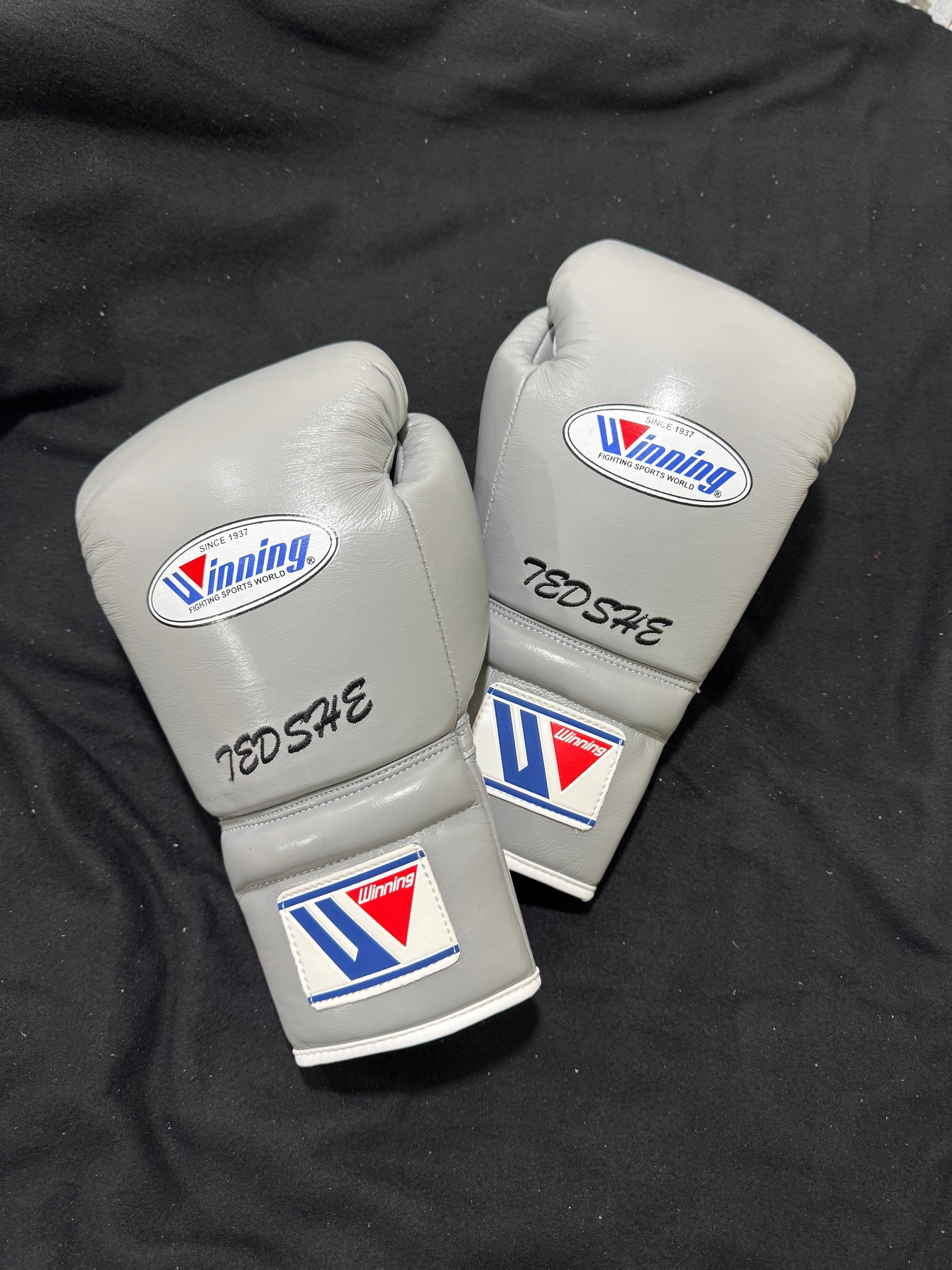 Winning Light-Grey Leather Boxing Gloves Back View