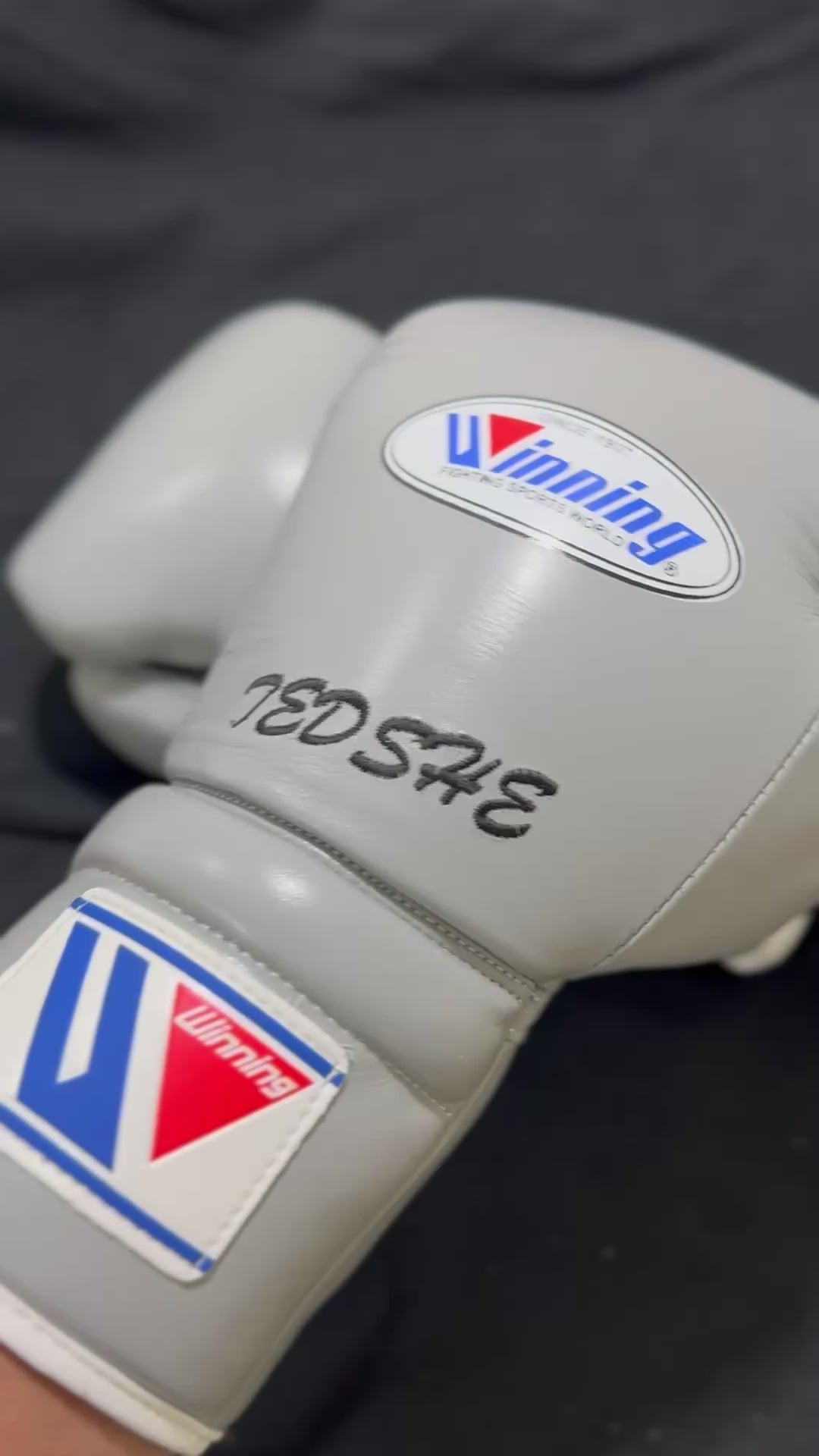 Winning Light-Grey Leather Boxing Gloves Close View