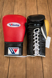 Winning Red/Black/Grey/Gold Lace-Up Boxing Gloves Close Up Detail