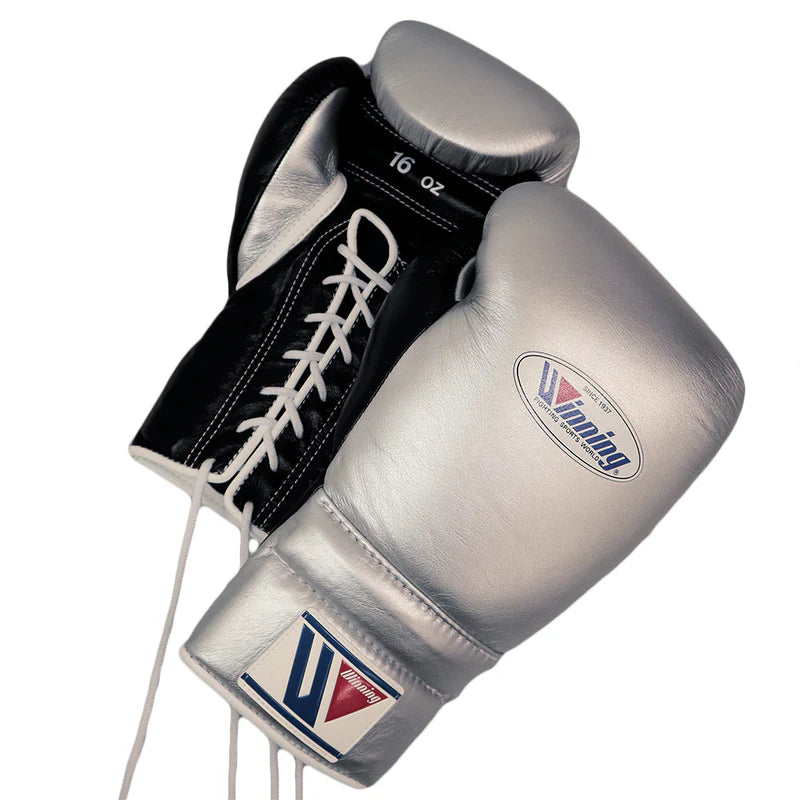 Winning Boxing Gloves Silver/Black on Hands Training Action Shot ace Up