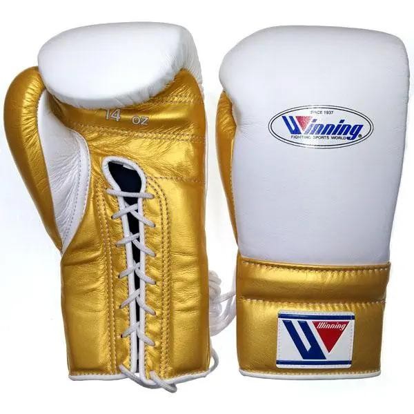 Winning White/Gold Leather Boxing Gloves Front View