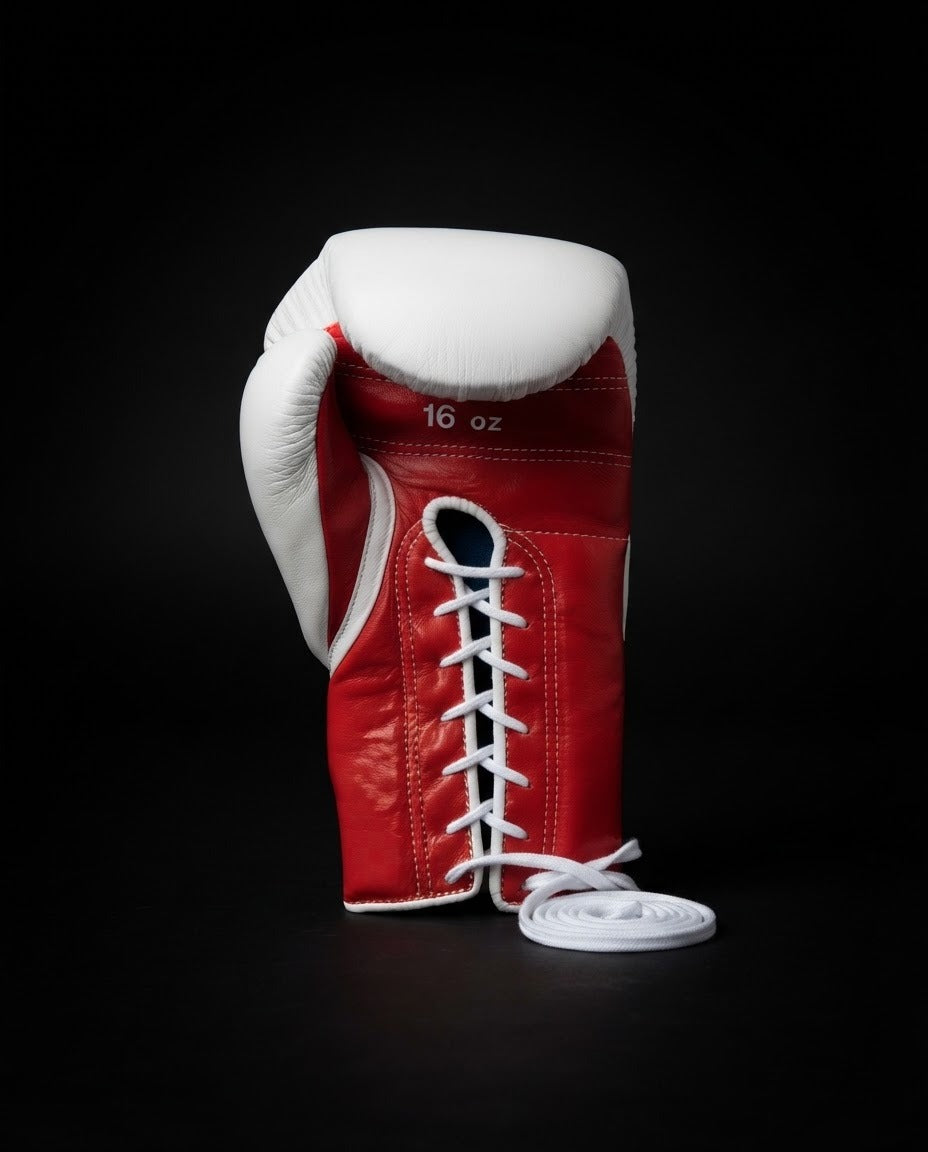 Winning Boxing Gloves White/Red Curved Leather Gloves front view
