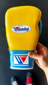 Winning Yellow/Blue/White Leather Boxing Gloves Lace Up