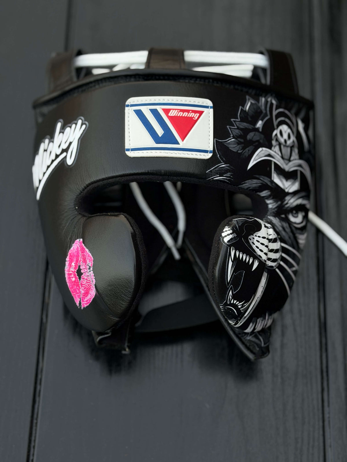 Winning Boxing Headguard Black Leather Headguard with Chin Strap