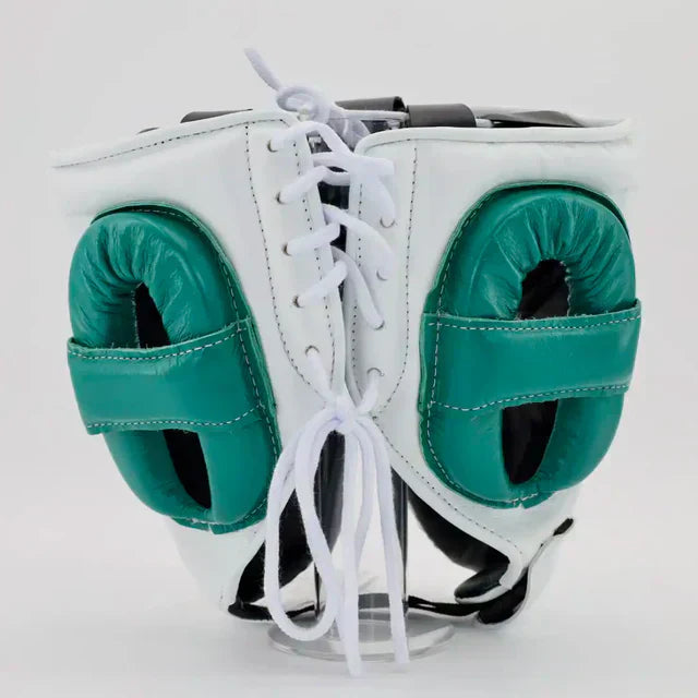 Winning Boxing Headguard White/Green Leather Head Guard Back View
