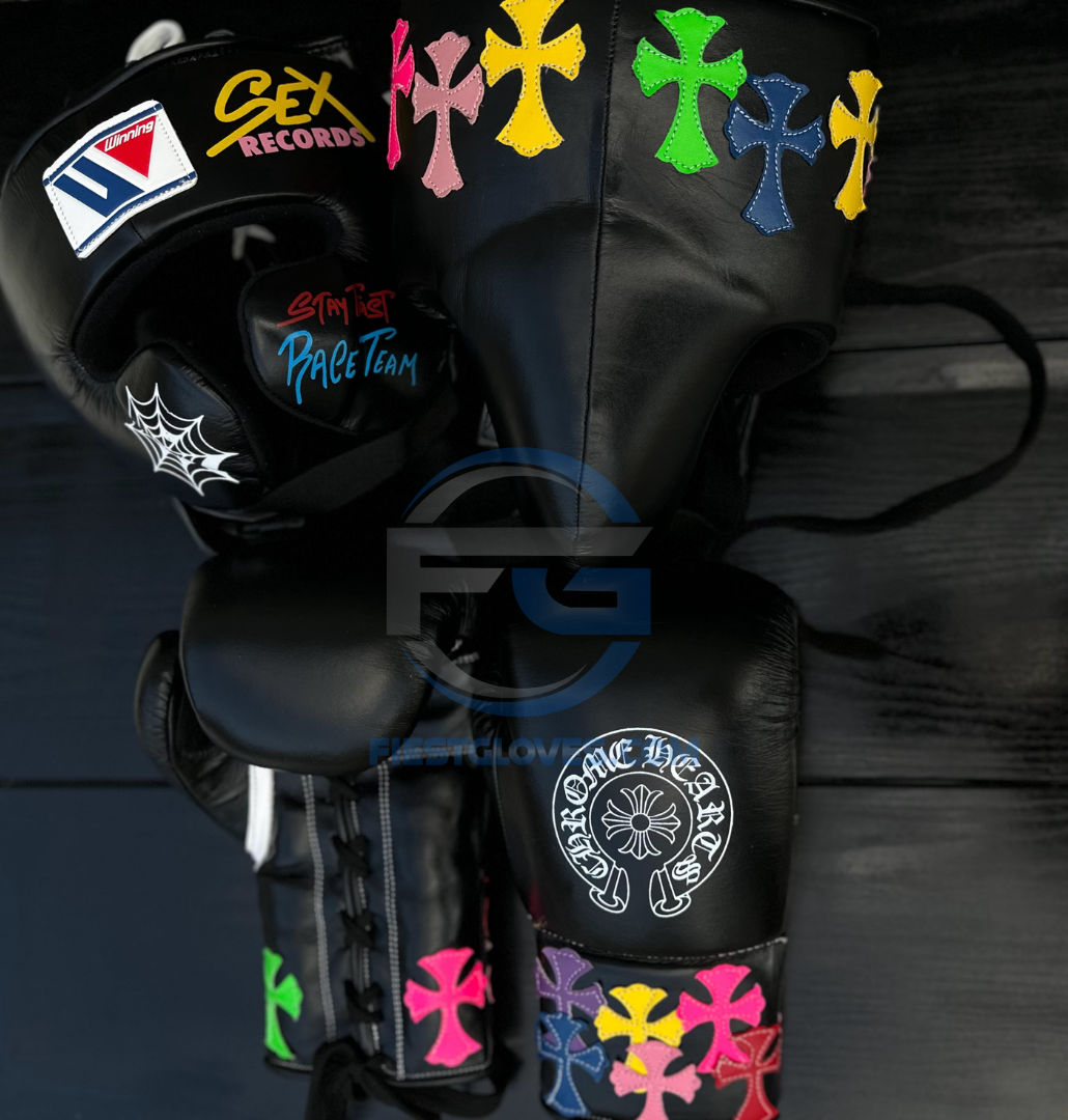 Winning Boxing Gloves Set Black Chrome Heart Style Heavy Duty Training Collection
