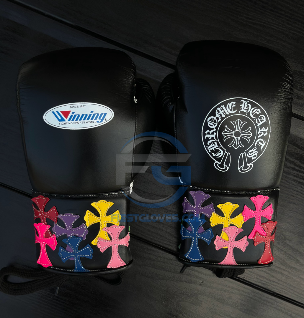 Winning Boxing Gloves Set Black Chrome Heart Style Gloves Back View