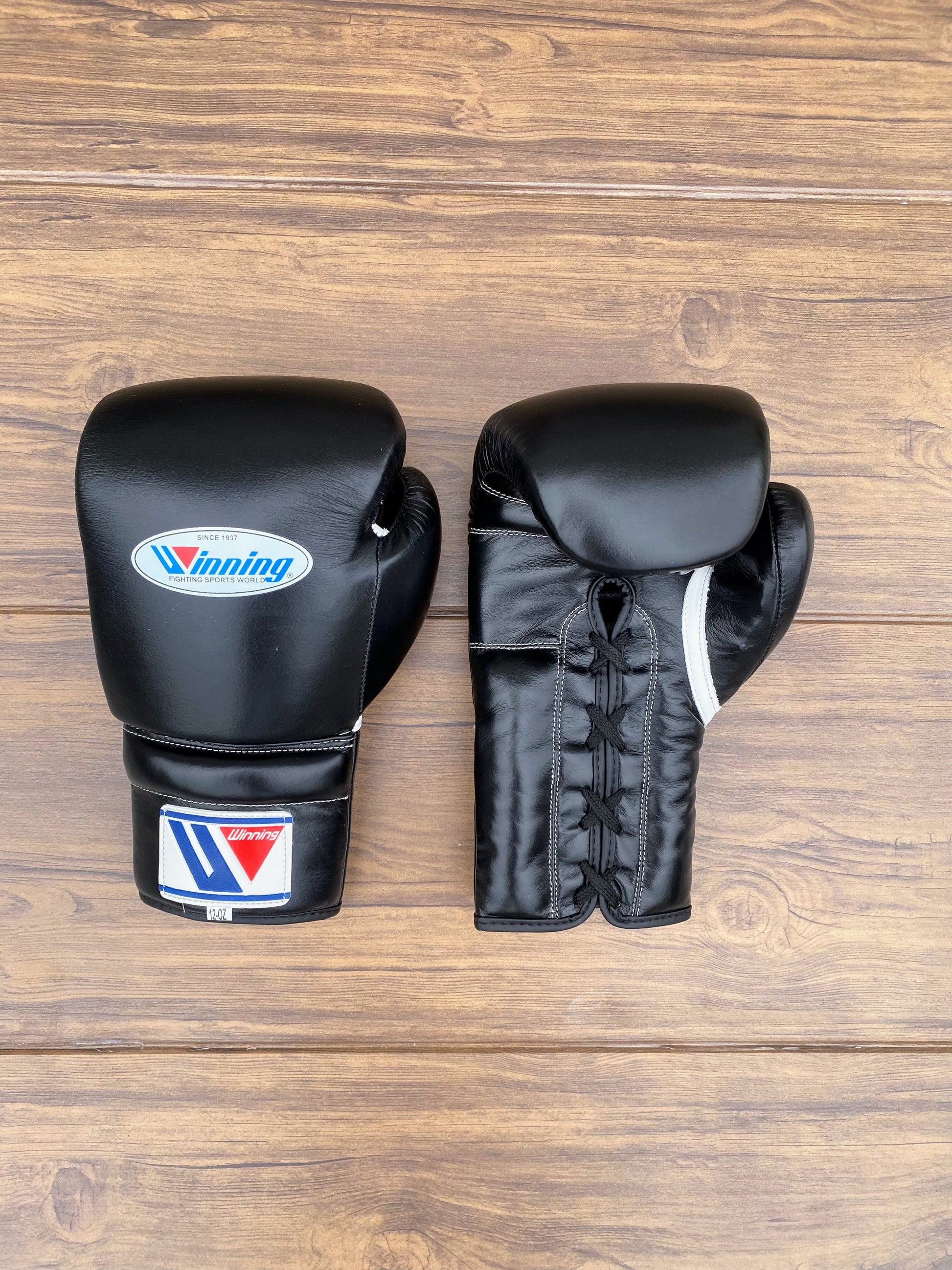 Winning Boxing Set Black Lace-Up Gloves Front View