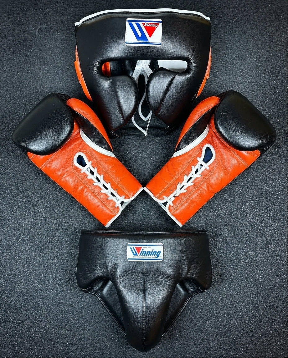 Winning Boxing Sets Black/Orange Leather Gloves and Mitts for Training
